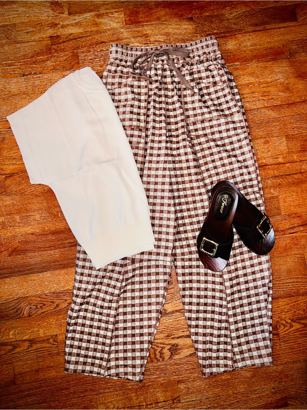 Anniewear Gingham checkered Drawstring brushed knit barrel Pants - Brown/cream - Picture 5 of 5
